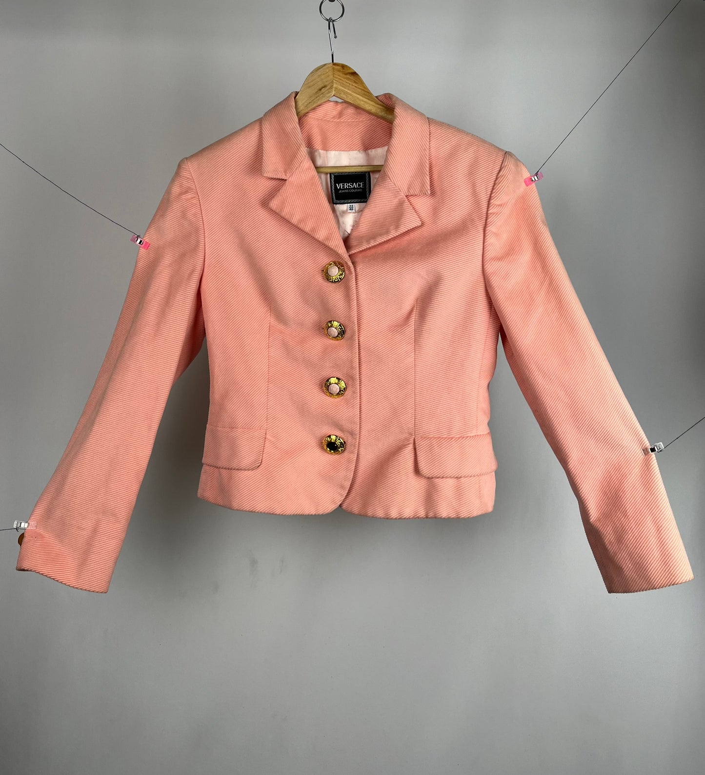 1970s Versace Jeans Couture peach blazer with gold mettalic buttons