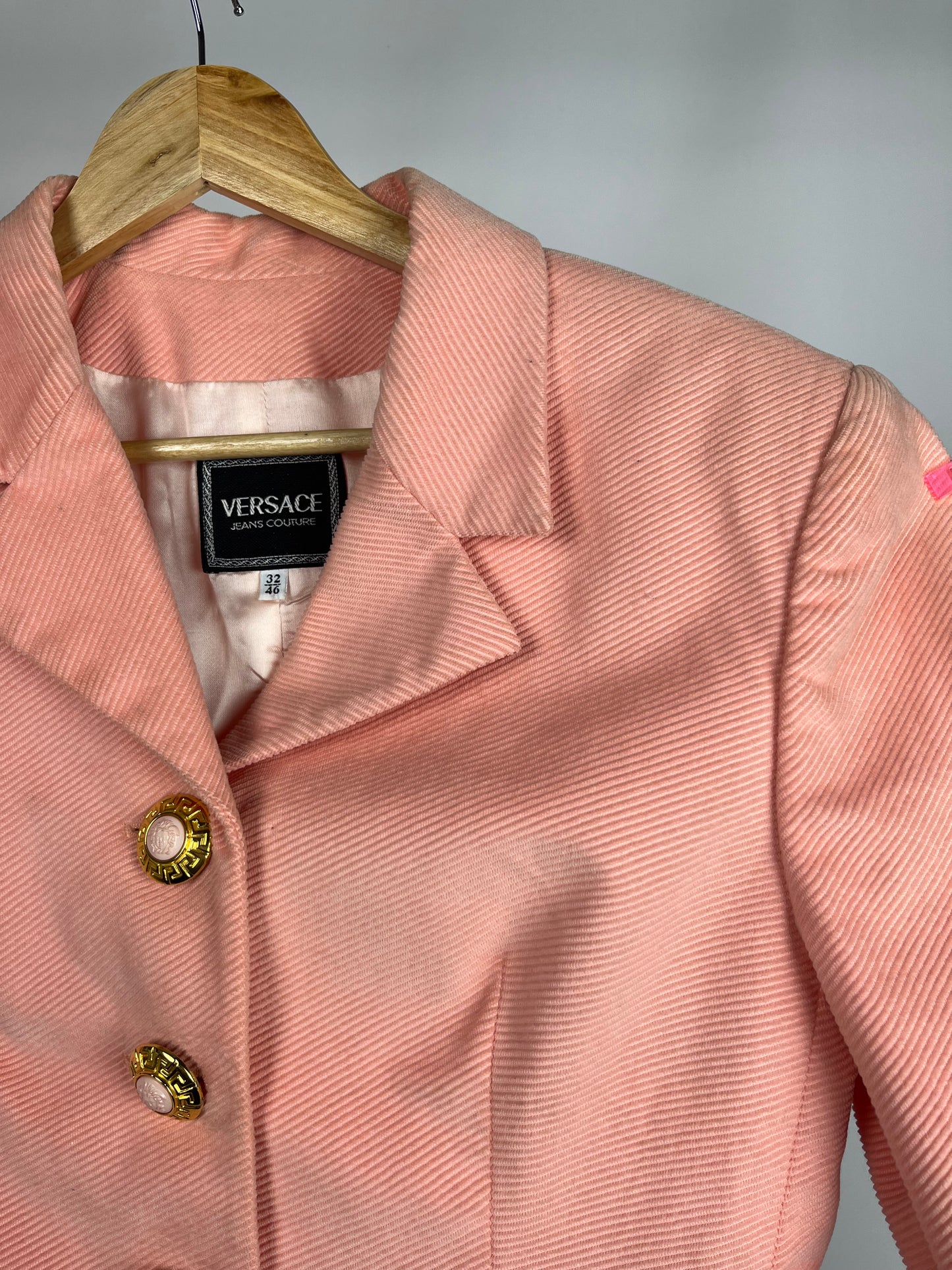 1970s Versace Jeans Couture peach blazer with gold mettalic buttons