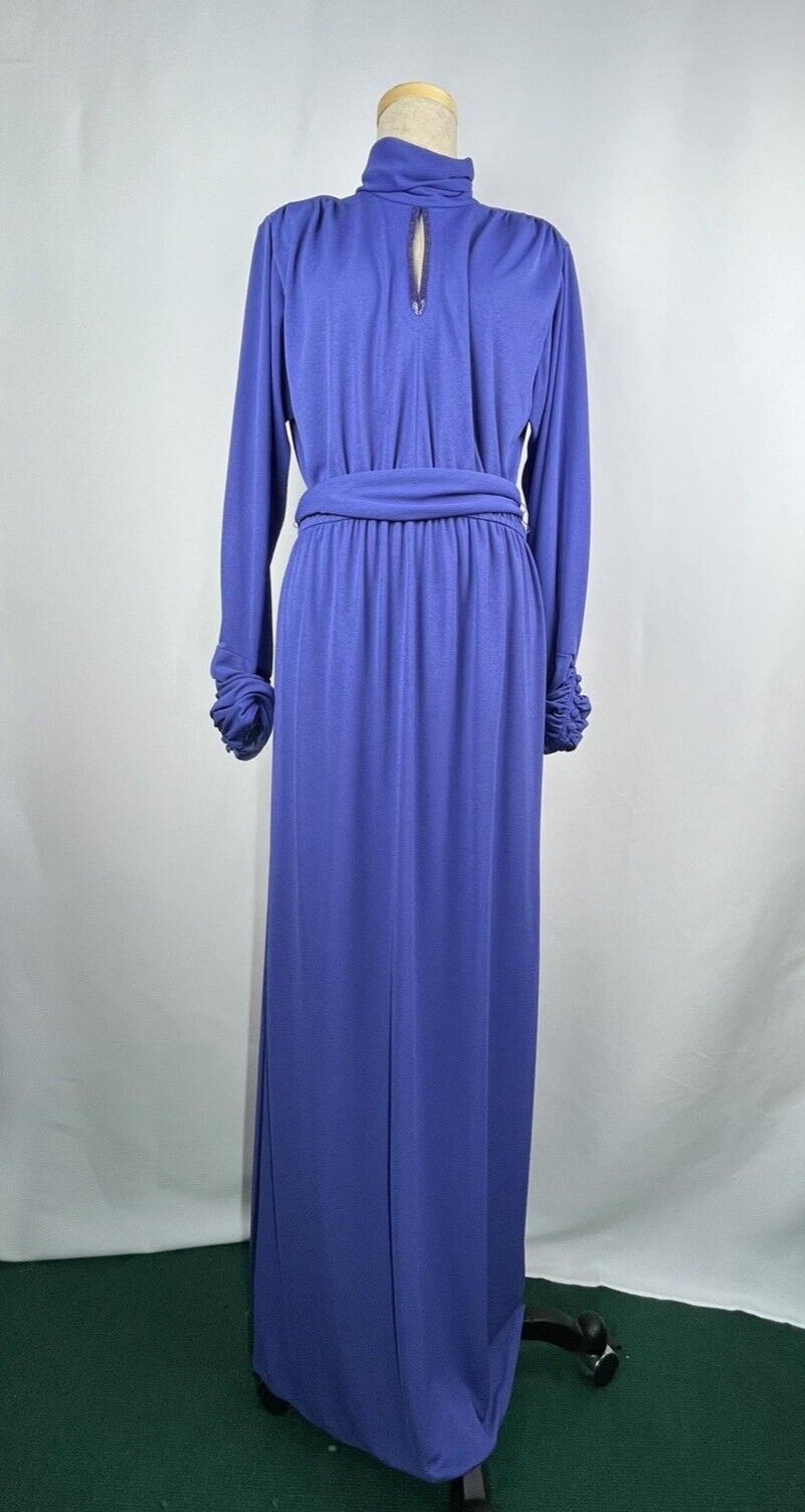 Authentic 1970s Maxi blue dress with beading and buttoned cuffs uk12